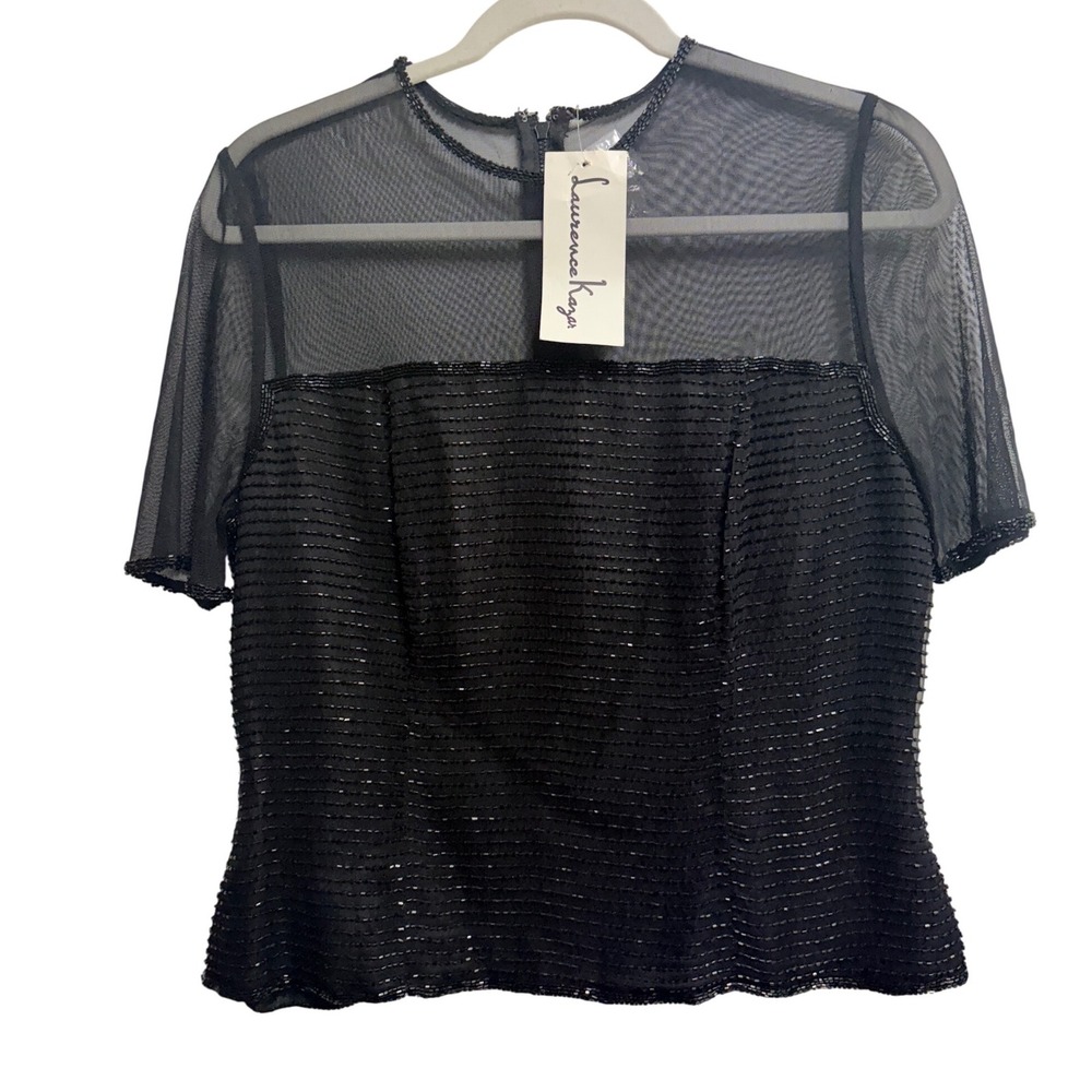 Laurence Kazar Beaded Sheer Mesh Evening Black Blouse M